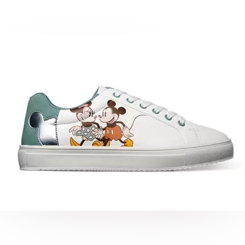 Disney White Sneakers with Teal Heel and Mickey & Minnie Side Graphic